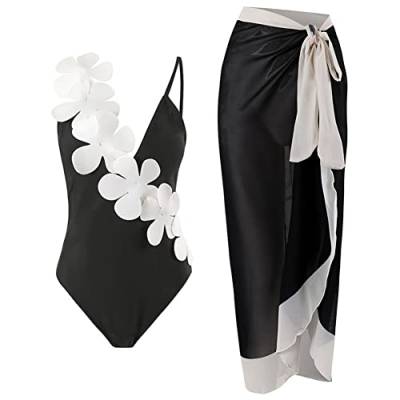 FYMNSI Damen Zweiteilig Badeanzug V-Ausschnitt Monokini Elegant Rüschen Bauchweg Rückenfrei Ruched Einteilige Bademode Swimsuit mit Strand Wrap Sarong Chiffon Wickelröcke Badekleid Schwarz + Weiß L von FYMNSI