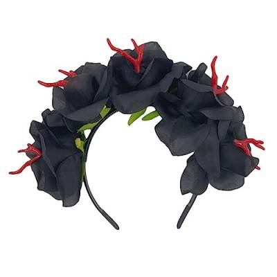 Dünnes Haarband mit Kunstblume und Totenkopf, Halloween-Haarreifen, modisch, für Hochzeit, Party, Fotografie, Frisur, Kopfbedeckung, Halloween, Blumen-Haarband von Fahoujs