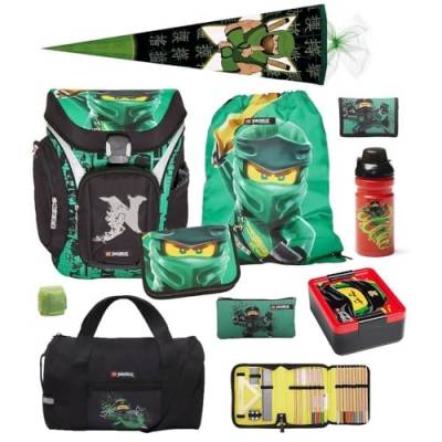 Familando Lego Schulranzen-Set Ninjago Explorer 10 TLG. mit Federmappe, Brotzeit-Dose, Trink-Flasche, Sporttasche, Ninja Schultüte 85cm grün und Regenschutz Spinjitzu Lloyd Golden Power von Familando