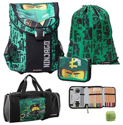 Lego Ninjago Schulranzen Set 5tlg. EASY SCHOOL BAG Green mit Federmappe gefüllt, Turnbeutel, Regenschutz und großer Sporttasche Lloyd Spinjitzu von Familando