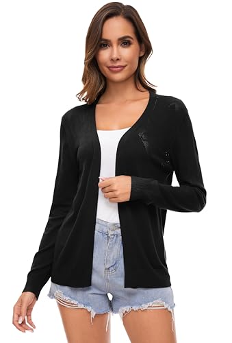 Famrrifuu Damen Strickjacke Elegant Cardigan Sommer Leichte Jacke Langarm Casual Sommerjacke,Schwarz,L von Famrrifuu