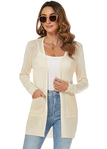 Famrrifuu Leichte Strickjacke Damen Sommer Dünn Lang Jacke Langarm Cardigan Elegant Sommerjacke mit Tasche,Aprikose,L von Famrrifuu