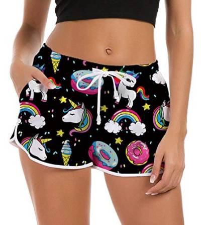 Fanient Damen Sommer Boardshorts Verstellbarer Kordelzug Regenbogen Einhorn Muster Schnell Trocken Badehose Yoga Running Activewear Sporthose Badehosen Schwarz S von Fanient