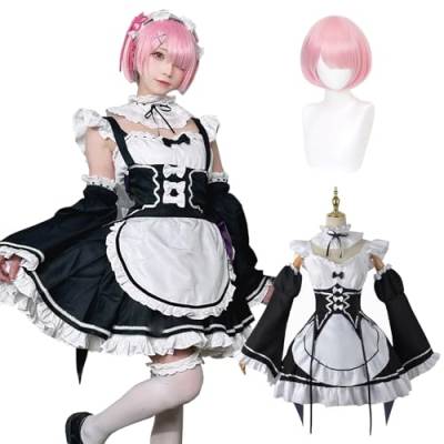 Fiamll Anime Ram Cosplay Kostüm Outfit Re Life In A Different World From Zero Maid Kleid Uniform Komplettes Set Karneval Dress Up Anzug mit Perücke für Frauen Mädchen XL von Fiamll