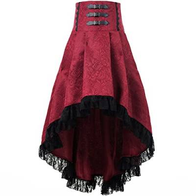 Fiamll Damen Gothic Steampunk Rock Viktorianischer Piratenrock mit hoher Taille und Rüschen Rot L/XL von Fiamll