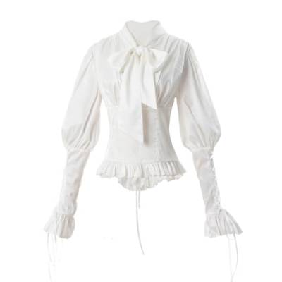 Fiamll Viktorianische Bluse Damen Bow Shirt Vintage Langarm Schnürtops Weiße Bluse XXL von Fiamll