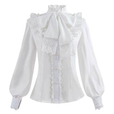 Fiamll Damen Viktorianisch Bluse Vintage Schleifenhemd Stehkragen mit Rüschen Langarmshirt Weiß XXL von Fiamll