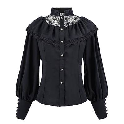 Fiamll Viktorianische Bluse für Damen Gothic-Shirt Vintage Langarm Top mit Lotus Rüschen Schwarz L von Fiamll