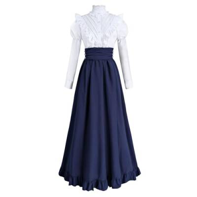 Fiamll Viktorianisches Kleid Renaissance Kostüm Damen Vintage Ballkleid Damen Mittelalter Bluse mit Renaissance Maxirock Blau 3XL von Fiamll