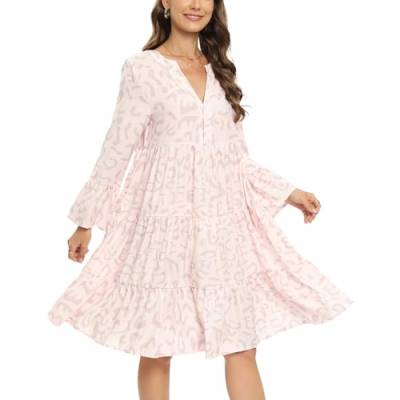 Flightbird Damen Tunika Kleid Leopard Langarm Freizeitkleid Button Down V Ausschnitt Lose Etuikleid Rüschen Gesmoktes Minikleid, Pink, Groß von Flightbird