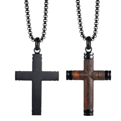 Flongo Herren Kette Kreuz Holz: Wooden Cross Anhänger Halskette schwarz Edelstahl mit Holzkreuz Necklace Christliche Geschenke für Männer jungs Kinder 22 Zoll verstellbar von Flongo