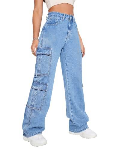 Damen High Waist Cargo Jeans Flap Pocket Baggy Cargo Pants Y2K Wide Leg Denim Jeans Y2K Streetwear Pants, Hell, blau, Groß von Flvsun