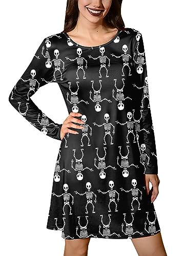 For G and PL Halloween Damen Motiv Party Shirt Lang Arme Druck Kostüm Blusenkleid Schwarz Skelett S von For G and PL