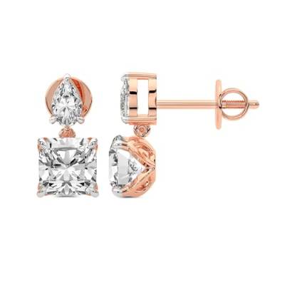3 Karat IGI-Zertifiziert Kissen Form Im Labor Gezüchteter Diamant Earrings | 18K in Roségold | Seraphic Teardrop Dangling Ohrringe | Krappenfassung | FG-VS1-VS2 Qualität von Friendly Diamonds