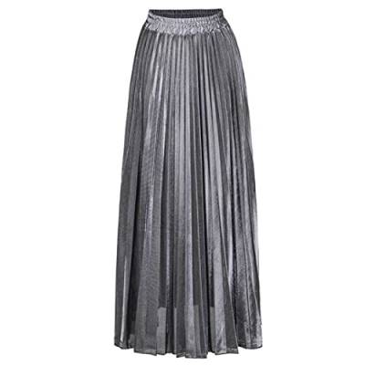 Fulbant Frühling Damen Hohe Taille A-Linie Plissee Silber Vintage Elastisch Lang Halbkörper Rock, Charismatisches Silber, 52 von Fulbant