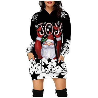 Weihnachtskleid Damen,Merry Christmas Hoodie Kleid Damen Weihnachtspullover Weihnachtskleider Pulloverkleid Rentier Print Kapuzenpullover Kleid Langes Weihnachts Pulli Kleid Weinachtspulli von Fulidngzg