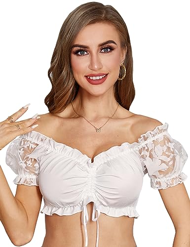 Funspread Dirndlbluse Damen Spitze - Weiß Kurzarm Dirndlblusen für Damen Oktoberfest Dirndl Bluse 34 von Funspread