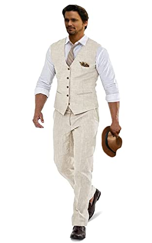 Furuyal Leinen Anzüge für Männer Casual Hochzeit Anzüge Männer 2 Stück Anzüge Trauzeugen Smoking Sommer Strand Abschlussball Weste und Hosen Set, Beige, L von Furuyal