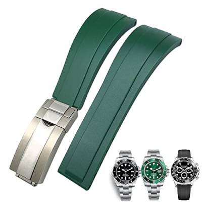 GANYUU 20 mm 21 mm Gummi-Armband für Rolex Daytona Submariner GMT Yacht-Master OYSTERFLEX Silikonarmband Faltschließe Armbänder (Farbe: Grün Glänzender Verschluss, Größe: 20 mm) von GANYUU