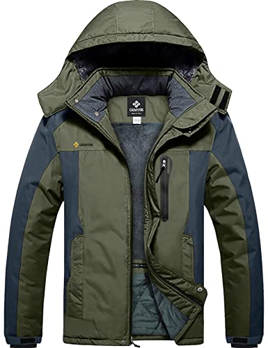 GEMYSE Herren Wasserdichte Berg-Skijacke Winddichte Fleece Outdoor-Winterjacke mit Kapuze (Armeegrün Grau,2XL) von GEMYSE