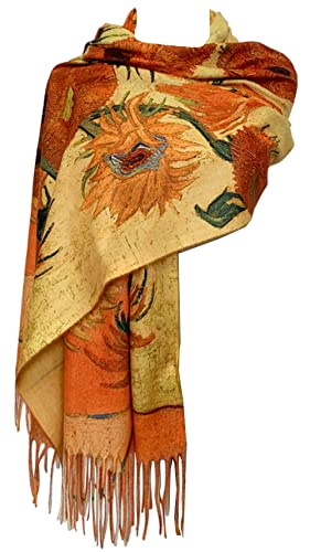 GFM® PWSHL Wollmischung Kaschmir Textur Malerei Kunst Basis Druck Schal Schal für Herbst Winter, Pwshl-van Gogh Sonnenblumen, 42 von GFM