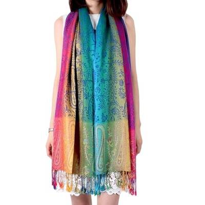 Gfm Seidiger Regenbogen-Schal im Pashmina-Stil, Paisley- oder Blumen-Muster Gr. 90, Pais-03-crtnl-blue von GFM