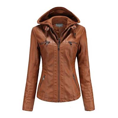 GITVIENAR Damen Lederjacke Kapuze Kunstleder Motorradjacke Bikerjacke Ladies Oberbekleidung mit Reißverschluss und Tasche (Braun, XL) von GITVIENAR