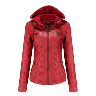 GITVIENAR Damen Lederjacke Kapuze Kunstleder Motorradjacke Bikerjacke Ladies Oberbekleidung mit Reißverschluss und Tasche (Rot, M) von GITVIENAR