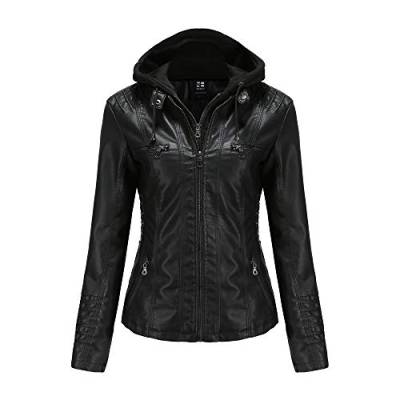 GITVIENAR Damen Lederjacke Kapuze Kunstleder Motorradjacke Bikerjacke Ladies Oberbekleidung mit Reißverschluss und Tasche (Schwarz, XS) von GITVIENAR