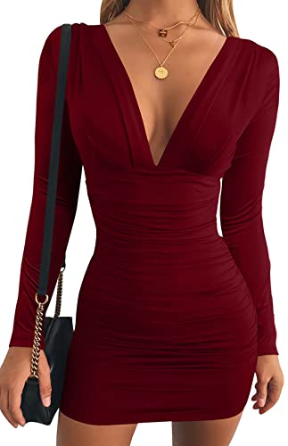 GOBLES Damen Sexy Langarm V Ausschnitt Gerüscht Bodycon Mini Party Cocktail Kleid, weinrot, Mittel von GOBLES