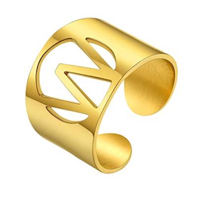 GoldChic Offener Damen Ring mit Anfangsbuchstaben W 18K Vergoldet Initiale A-Z Alphabet Ring Schlichter Verstellbarer Statement Fingerring Ringgröße 51.8（16.5）- 67.2（21.4） von GOLDCHIC JEWELRY