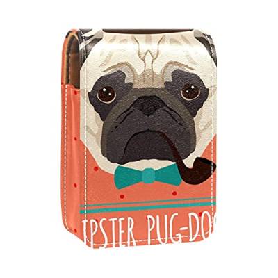 Hipster Mops-Hund mit Hut, Lippenstift-Halter, tragbare Make-up-Tasche, Reise-Lippenstift-Organizer, Etui mit Spiegel, Mini-Lippenstift-Aufbewahrungsbox für Frauen, Mehrfarbig, 9.5x2x7 cm/3.7x0.8x2.7 von GORDESC