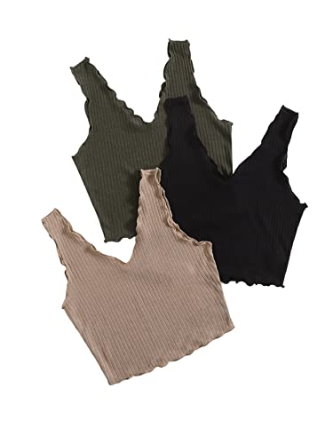 GORGLITTER Crop Tank Top Damen Set Bauchfreie Tops Set V Ausschnitt Oberteil Rippenstrick Top Mit Wellensaum 3 Crop Tops Schwarz Khaki und Dunkelgrün S von GORGLITTER