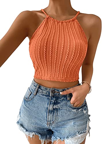 GORGLITTER Crop Top Mit Kreuzgurt Damen Bauchfreies Top Sommer Oberteile Sexy Rückenfrei Trägertop Geschnürtes Top Koralle Orange S von GORGLITTER