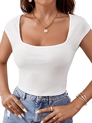 GORGLITTER Damen Bauchfrei T-Shirt Rippenstrick Oberteile Crop Top Kurzarmshirts Tops Weiß M von GORGLITTER