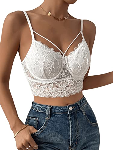 GORGLITTER Damen Bauchfreies Top Spitzen Camisole Crop Tops Spitzentop Cut Outs Bralettes Spaghettiträger Cropped Oberteil Weiß L von GORGLITTER