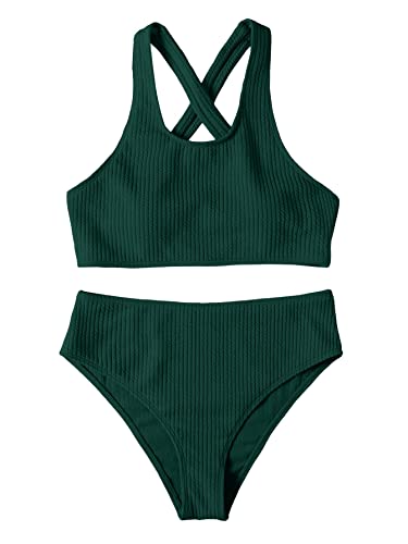 GORGLITTER Damen Bikini Sets U-Ausschnitt Über Kreuz Bikinitop Tanga High Waist Bademode Zweiteiliger Swimsuits Dunkelgrün M von GORGLITTER