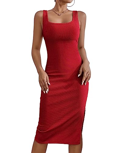 GORGLITTER Damen Tank Kleid Figurbetont Midikleid Lässig Trägerkleid Bleistiftkleid Freizeitkleid mit Schlitz Rot M von GORGLITTER