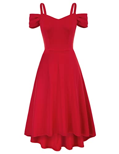 Damen Schulterfrei Abendkleid High-Low Saum Faltenrock Elegant V-Ausschnitt Spagehtti Träger Cocktailkleid M Rot CL1742A22-03 von GRACE KARIN