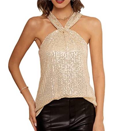 GRACE KARIN Damen Pailletten Tops Sparkling Tank Top Sparkle Shimmer Bluse Ärmellos V-Ausschnitt Weste 2XL Gold CL1537A22-1 von GRACE KARIN