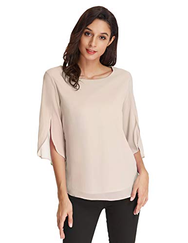 GRACE KARIN Damen Chiffon Bluse Langarm Rundhals Oberteile Langarmshirt Casual Elegant Tops M Beige CLAF15-2 von GRACE KARIN