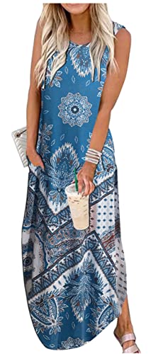 Rainbow Graphics Sommerkleid für Damen, ärmellos, Tasche, Maxikleid, Sommer, hawaiianischer Strand, Tankkleid, einfarbiges Hemdkleid, Mandala Blau, XX-Large von GREFLYING