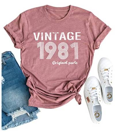 Vintage 1981 T-Shirt Frauen Original Teile Brief Tees 40. Geburtstag Shirts für Geschenk Niedlich Geburtstag Party Shirt Tops - Pink - Klein von GREFLYING