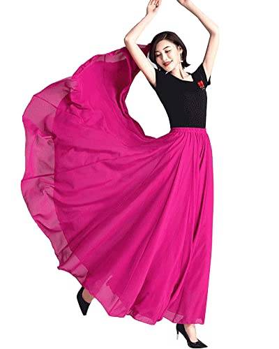 Damen Dreilagig Maxi Large Swing fließender Chiffon-Tanzrock Latein Tänze Walzer Tango Jazz Faltenrock in A-Linie Lässiger Langer Tellerrock Schmaler Strand-Fee-Tanzrock Rose3 M von GUOCU