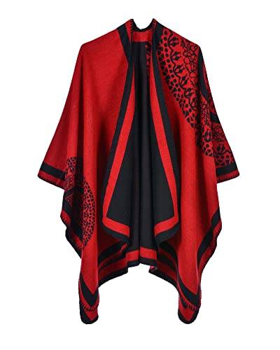 Damen Paisley-Stil Doppelseitiger Jacquard-Wrap Poncho in Übergröße Pullover-Decke Offene Vorderseite Großer Überwurf Schal Cape Poncho Stricken Mantel Rot von GUOCU