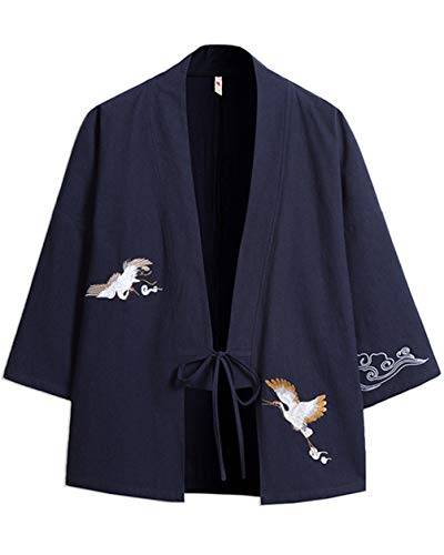 GUOCU Herren Kimono Happi Haori Stickerei Jacke Vintage Mäntel Übergangsjacke Lose Cardigan Yukata Coat Marine 4XL von GUOCU