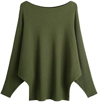 GXIN Damen Pullover Schulternfrei Fledermaus-Ärmel Lose Passform Lässiger Pullover Warmer Oversize-Strickpullover Top (Armeegrün) von GXIN