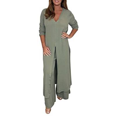 Hosenanzug Damen Lässiger 2-Teiler Anzug Mit Langem Chiffon Top & Passender Hose, 2-teiliges Damen-Outfit Mit V-Ausschnitt, Geschlitztem Saum, Langer Bluse Und Hose Mit Weitem Bein (Green, M) von GZYshoyao