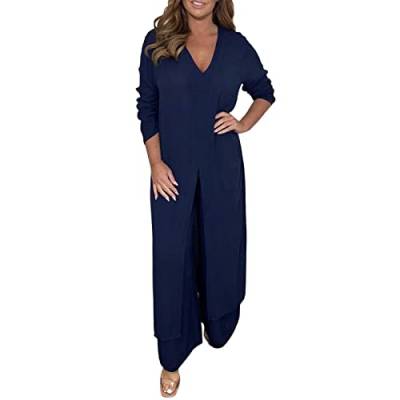 Hosenanzug Damen Lässiger 2-Teiler Anzug Mit Langem Chiffon Top & Passender Hose, 2-teiliges Damen-Outfit Mit V-Ausschnitt, Geschlitztem Saum, Langer Bluse Und Hose Mit Weitem Bein (Navy, M) von GZYshoyao