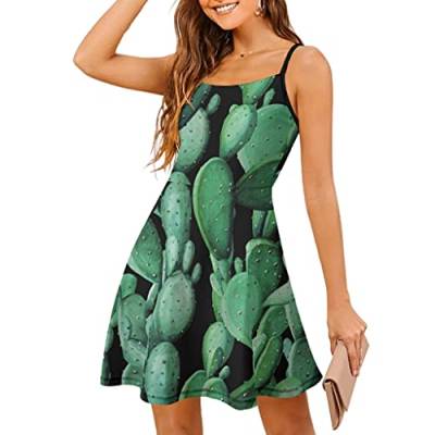 Damen Ärmelloses Kleid Sommerkleid Strandkleid Grüne Kaktus Pflanze Verstellbaren Spagettiträgern Trägerkleid Swing Kleid Freizeitkleid White L von Gamoii